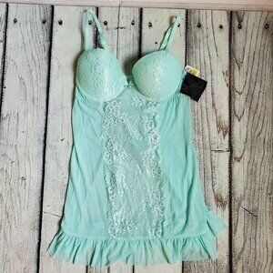 Cinema Etoile Seductivewear SMALL 2pc Celadon Chiffon & Lace Babydoll V-String